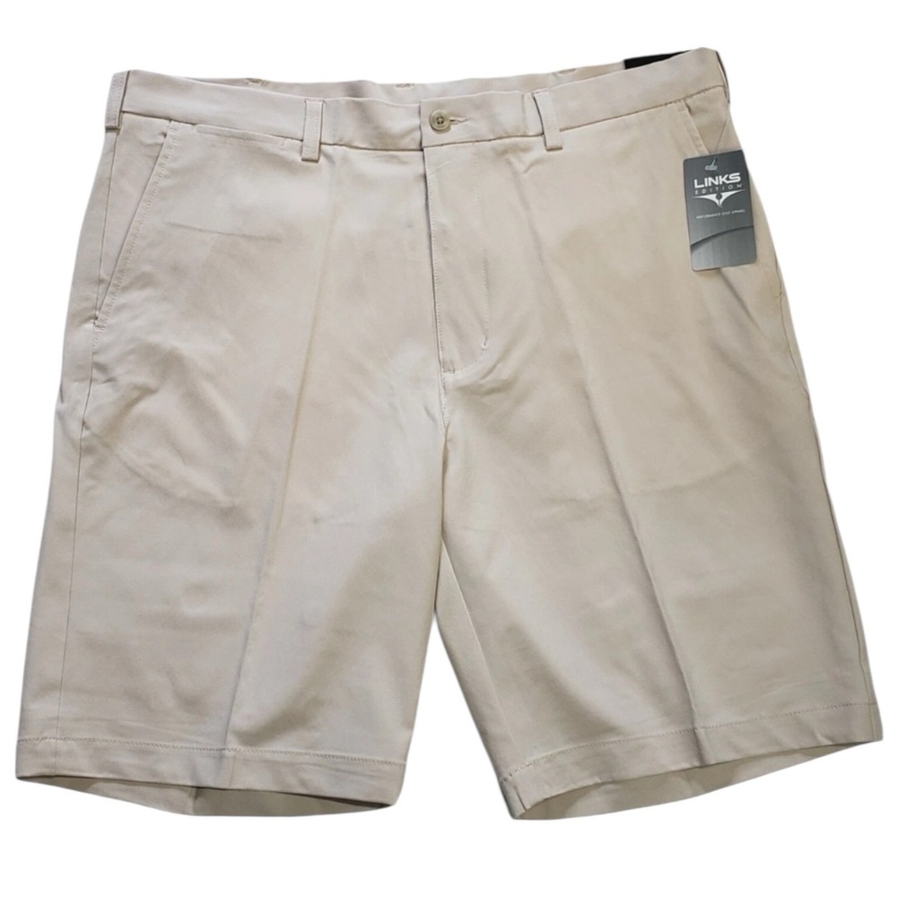 Links Edition Mens Performance Golf Shorts Khaki Flat Front Size 36 MSRP $65